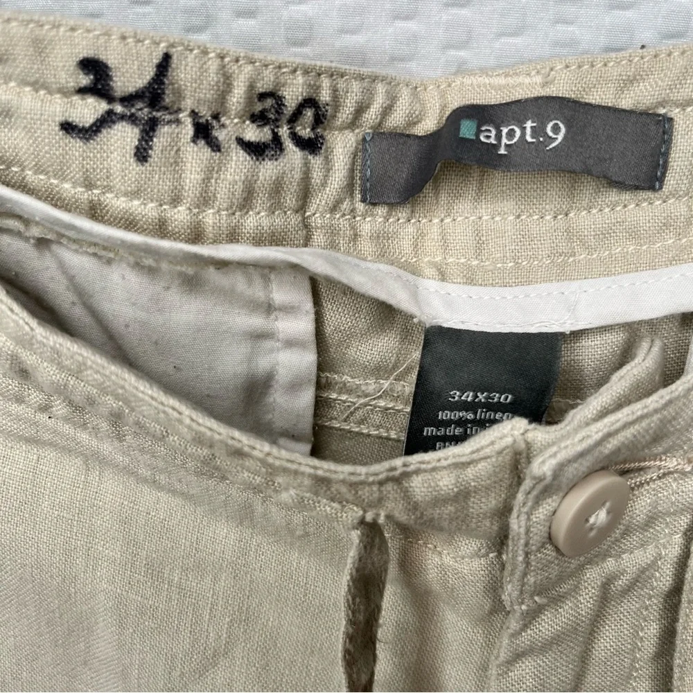 Apt 9 Relaxed Beige 100% Linen Flat Front Chino Pants Trousers Size W34 L30